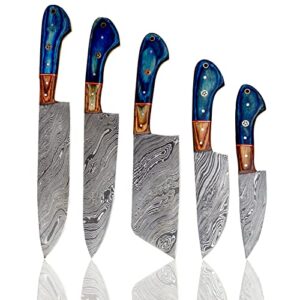 handmade 5 pieces set, knife hand forged chef knives kitchen set damascus steel knives gift item for her,fine tool professional chef knives set vegetable meat cooking knife with blue solid wood handle