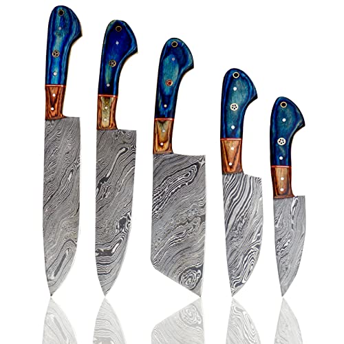 Handmade 5 Pieces Set, Knife Hand Forged Chef Knives Kitchen Set Damascus Steel Knives Gift Item for Her,Fine Tool Professional Chef Knives Set Vegetable Meat Cooking Knife with BLUE Solid Wood Handle