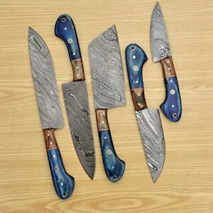 Handmade 5 Pieces Set, Knife Hand Forged Chef Knives Kitchen Set Damascus Steel Knives Gift Item for Her,Fine Tool Professional Chef Knives Set Vegetable Meat Cooking Knife with BLUE Solid Wood Handle