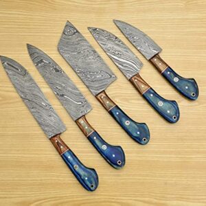 Handmade 5 Pieces Set, Knife Hand Forged Chef Knives Kitchen Set Damascus Steel Knives Gift Item for Her,Fine Tool Professional Chef Knives Set Vegetable Meat Cooking Knife with BLUE Solid Wood Handle