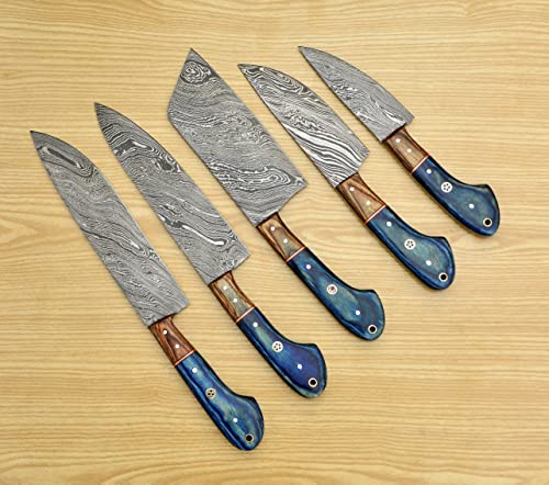 Handmade 5 Pieces Set, Knife Hand Forged Chef Knives Kitchen Set Damascus Steel Knives Gift Item for Her,Fine Tool Professional Chef Knives Set Vegetable Meat Cooking Knife with BLUE Solid Wood Handle