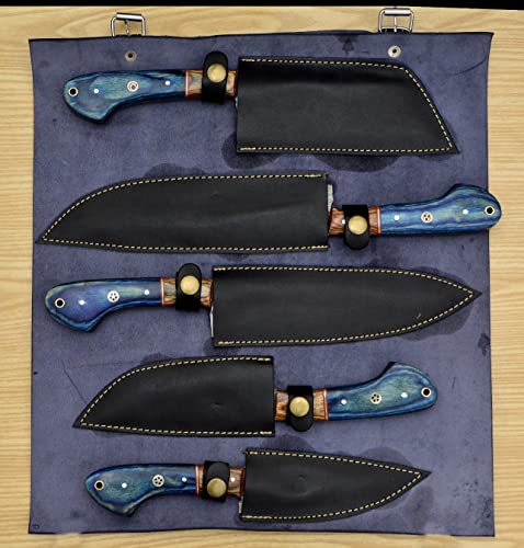 Handmade 5 Pieces Set, Knife Hand Forged Chef Knives Kitchen Set Damascus Steel Knives Gift Item for Her,Fine Tool Professional Chef Knives Set Vegetable Meat Cooking Knife with BLUE Solid Wood Handle