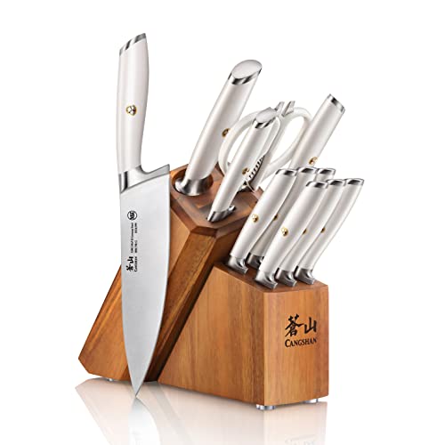 Cangshan L1 Series White 1026078 German Steel Forged 12-Piece Knife Block Set with 6 Steak Knives, Acacia Block