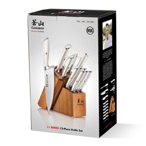Cangshan L1 Series White 1026078 German Steel Forged 12-Piece Knife Block Set with 6 Steak Knives, Acacia Block