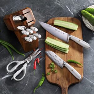 Cangshan L1 Series White 1026078 German Steel Forged 12-Piece Knife Block Set with 6 Steak Knives, Acacia Block