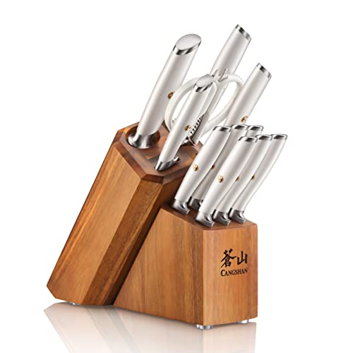 Cangshan L1 Series White 1026078 German Steel Forged 12-Piece Knife Block Set with 6 Steak Knives, Acacia Block