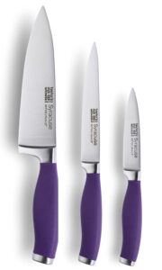 taylors eye witness syracuse kitchen knife 3pce set - paring 8cm/3.5”, chefs 15cm/6” & cooks all purpose 13cm/5” cutting edge. ultra fine, razor sharp blade. soft textured grip purple colour handle