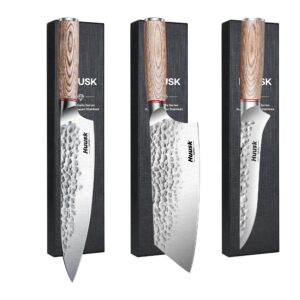 Huusk Professional Kitchen Knife Set Japanese Santoku Knife High Carbon Steel Vegetable Meat Knife with Ergonomic Pakkawood Handle and Gift Box for Family Restaurant