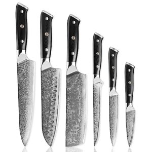 senken 6-piece damascus steel kitchen knife set - shogun collection - 67-layer japanese vg10 steel - chef's knife, cleaver knife, & more, extremely sharp blades for effortless cutting, luxury gift box