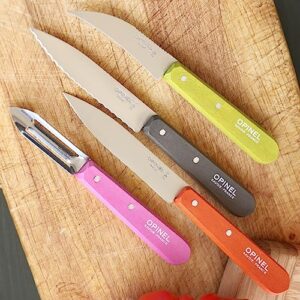 Opinel Les Essentials Small Kitchen 4 Piece Knife Set - Paring Knife, Serrated Knife, Peeler, Vegetable Knife, Corrosion Resistant High Carbon Steel, Made in France (Primavera)