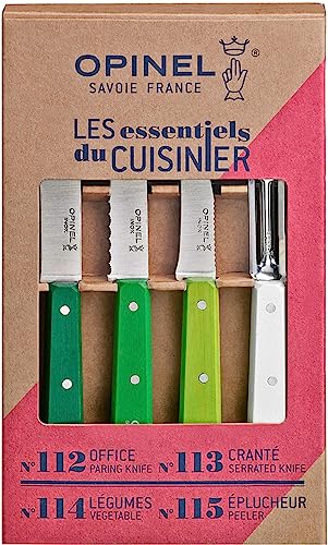 Opinel Les Essentials Small Kitchen 4 Piece Knife Set - Paring Knife, Serrated Knife, Peeler, Vegetable Knife, Corrosion Resistant High Carbon Steel, Made in France (Primavera)