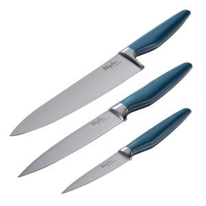 ayesha curry cutlery japanese stainless steel knife cooking knives set with sheaths, 8 inch chef knife, 6 inch utility knife, 3.5 inch paring knife, twilight teal blue