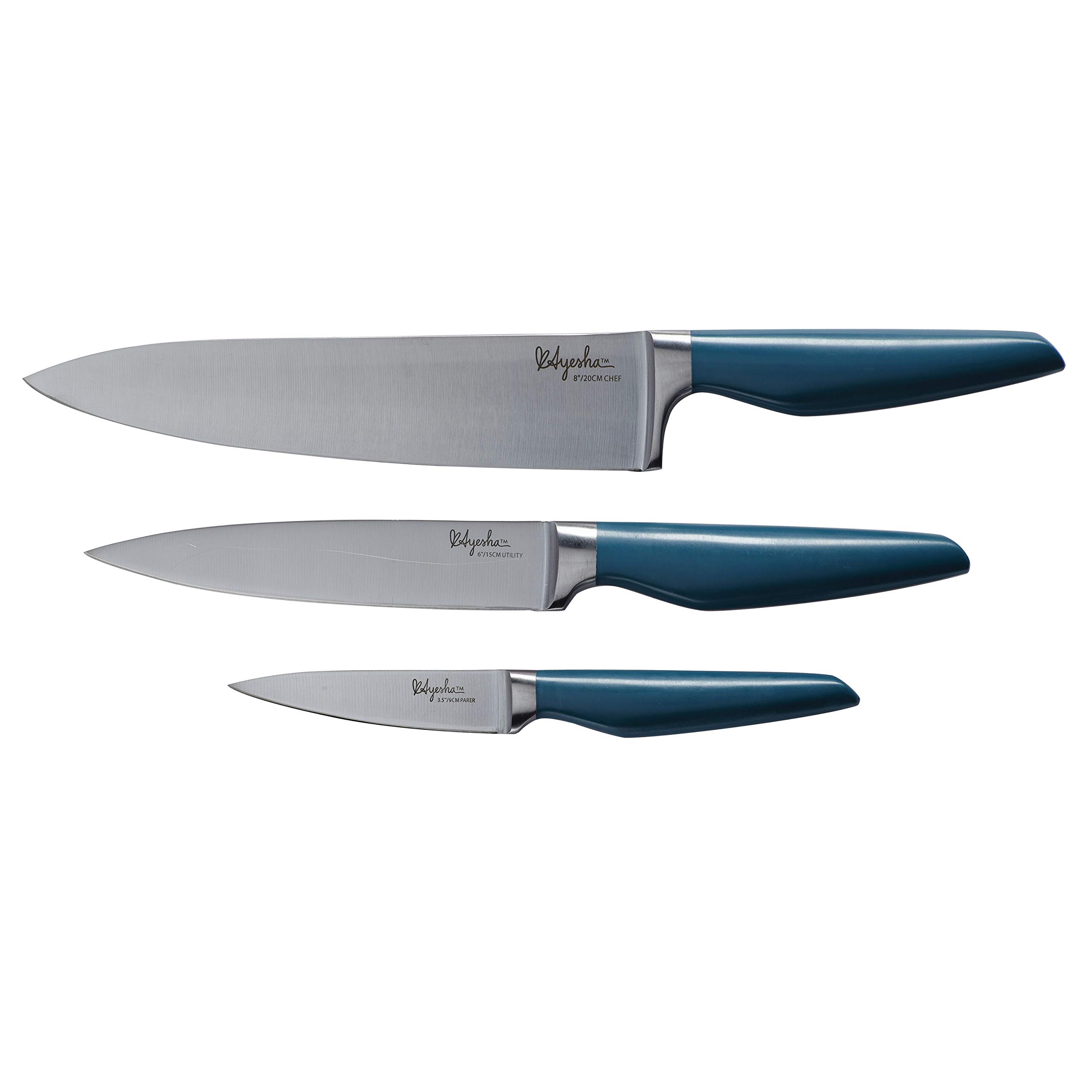 Ayesha Curry Cutlery Japanese Stainless Steel Knife Cooking Knives Set with Sheaths, 8 Inch Chef Knife, 6 Inch Utility Knife, 3.5 Inch Paring Knife, Twilight Teal Blue