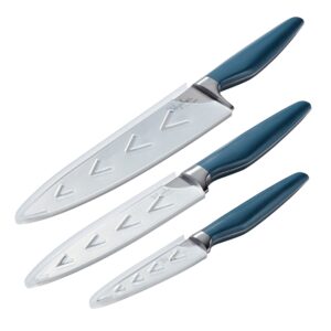 Ayesha Curry Cutlery Japanese Stainless Steel Knife Cooking Knives Set with Sheaths, 8 Inch Chef Knife, 6 Inch Utility Knife, 3.5 Inch Paring Knife, Twilight Teal Blue