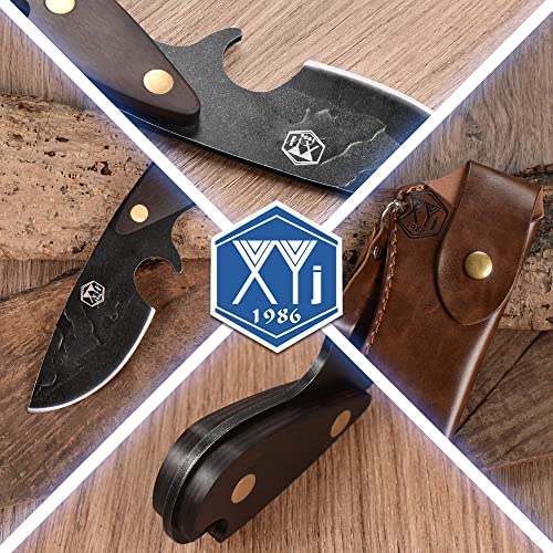 XYJ Authentic Since1986,Camping Pocket Knife With Leather Sheath,Stainless Steel Outdoor Chef Knives,Full Tang Camp Utility Knife,Black Small Portable Cutter (Style 4)