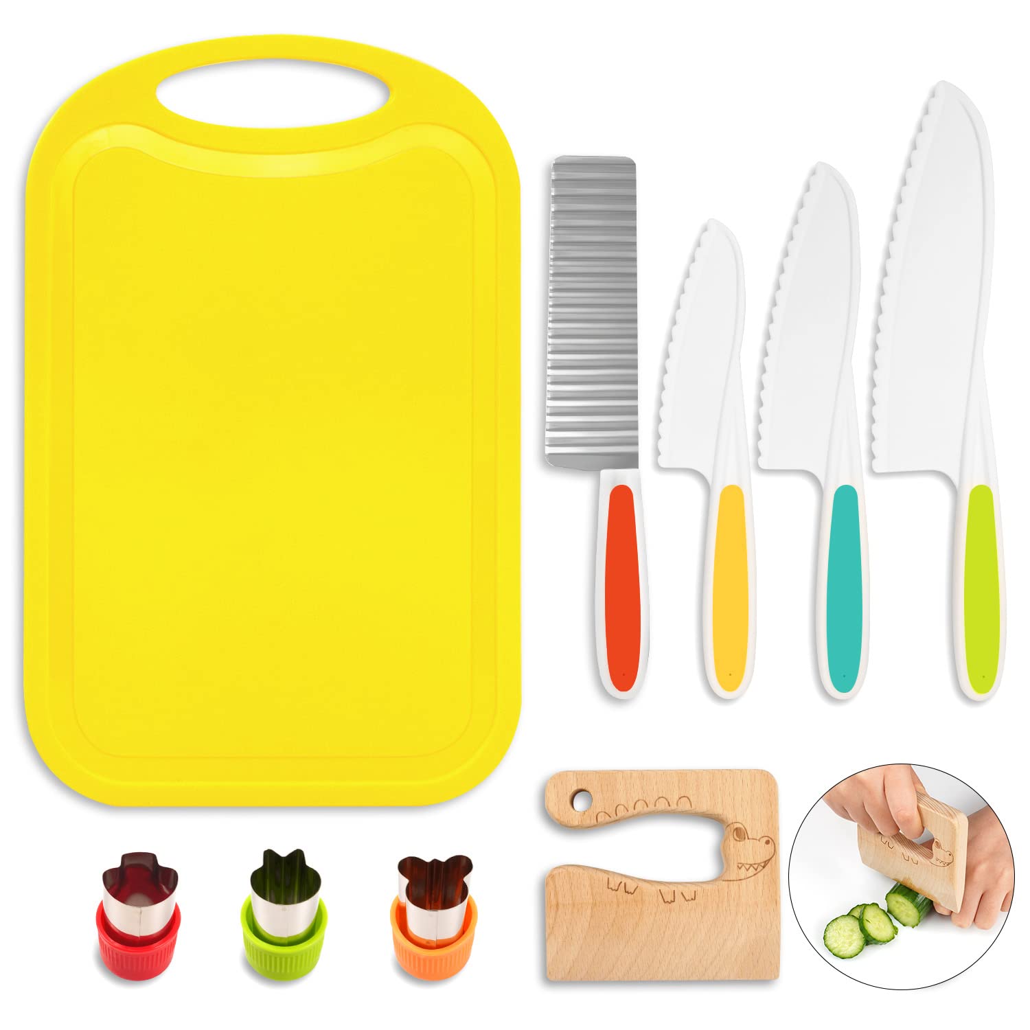 ADIMA 9 Pieces Kids Kitchen Knife Set Cooking Toddler Knife Set Include 3 Toddler Knives with Serrated Edges, Cutting Boards, Crinkle Cutter, wooden crocodile slicer for Kids Safe Knife Set