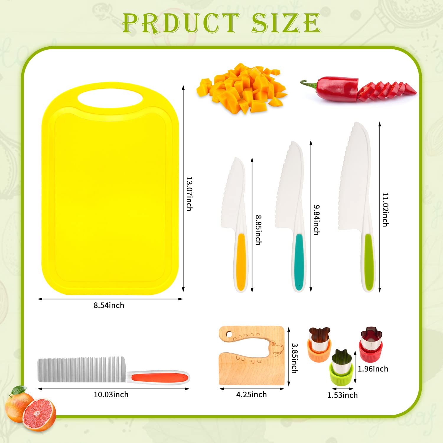 ADIMA 9 Pieces Kids Kitchen Knife Set Cooking Toddler Knife Set Include 3 Toddler Knives with Serrated Edges, Cutting Boards, Crinkle Cutter, wooden crocodile slicer for Kids Safe Knife Set