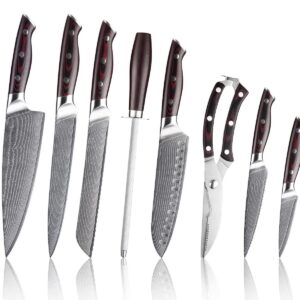9-piece Damascus kitchen knife set/VG10 steel core 67-layer forged blade/super sharp and durable/built-in scissor sharpener with stopper/kitchen utility set/gift box (cherry color)