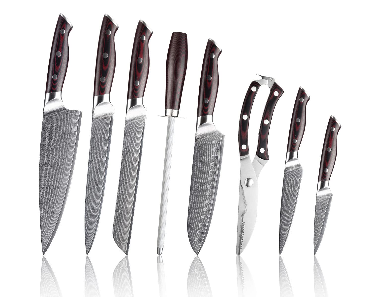 9-piece Damascus kitchen knife set/VG10 steel core 67-layer forged blade/super sharp and durable/built-in scissor sharpener with stopper/kitchen utility set/gift box (cherry color)