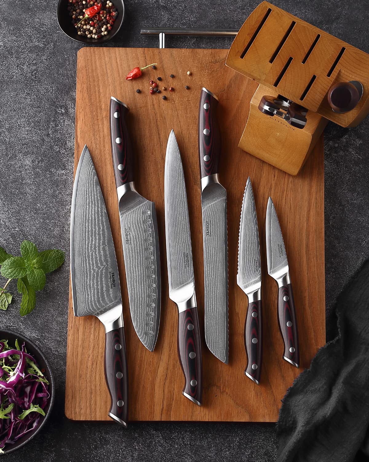 9-piece Damascus kitchen knife set/VG10 steel core 67-layer forged blade/super sharp and durable/built-in scissor sharpener with stopper/kitchen utility set/gift box (cherry color)