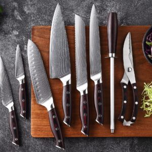 9-piece Damascus kitchen knife set/VG10 steel core 67-layer forged blade/super sharp and durable/built-in scissor sharpener with stopper/kitchen utility set/gift box (cherry color)