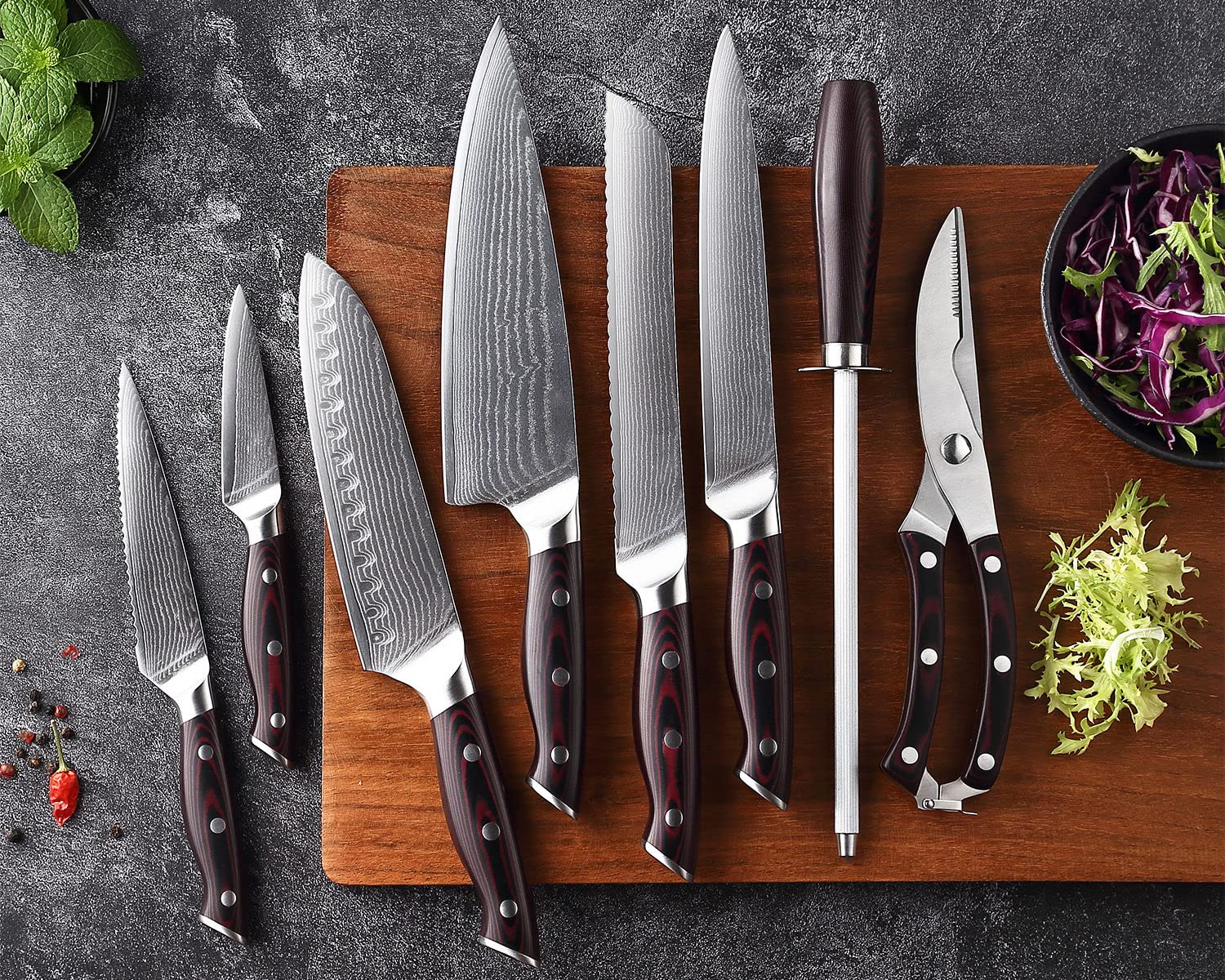 9-piece Damascus kitchen knife set/VG10 steel core 67-layer forged blade/super sharp and durable/built-in scissor sharpener with stopper/kitchen utility set/gift box (cherry color)