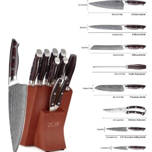 9-piece Damascus kitchen knife set/VG10 steel core 67-layer forged blade/super sharp and durable/built-in scissor sharpener with stopper/kitchen utility set/gift box (cherry color)