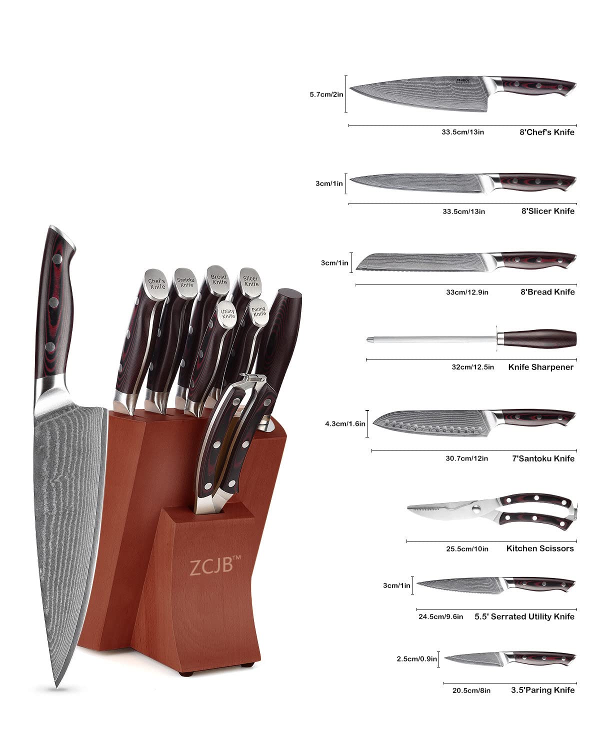 9-piece Damascus kitchen knife set/VG10 steel core 67-layer forged blade/super sharp and durable/built-in scissor sharpener with stopper/kitchen utility set/gift box (cherry color)