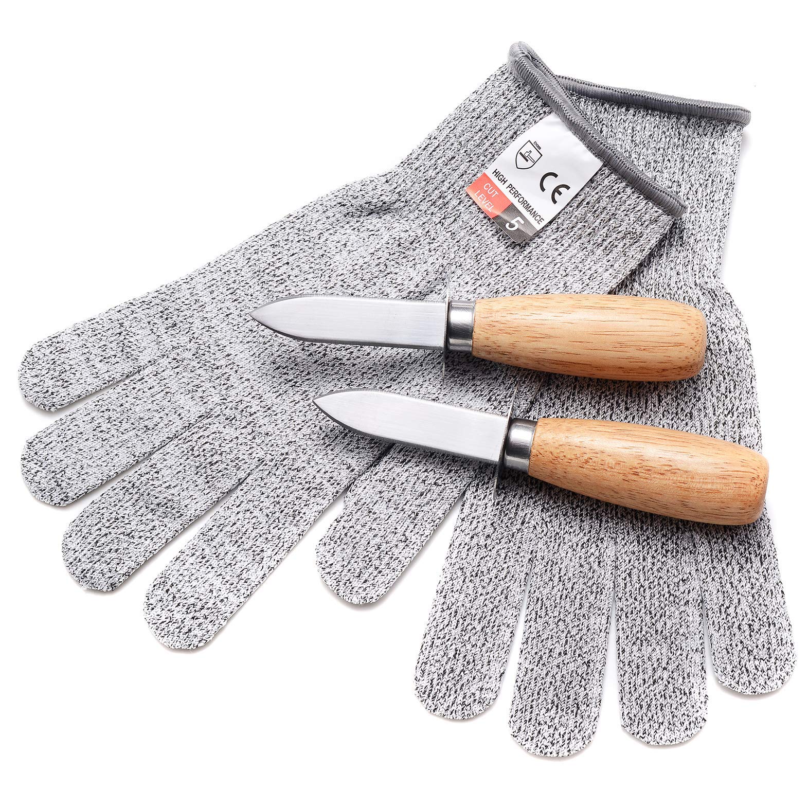 DOMG Oyster Knife Shucker Set, Wood Handle Oyster Shucking Knife and Cut-resistant Gloves, Clam Shellfish Seafood Opener Kit Tools(2 Knives+1 Pair Gloves M)