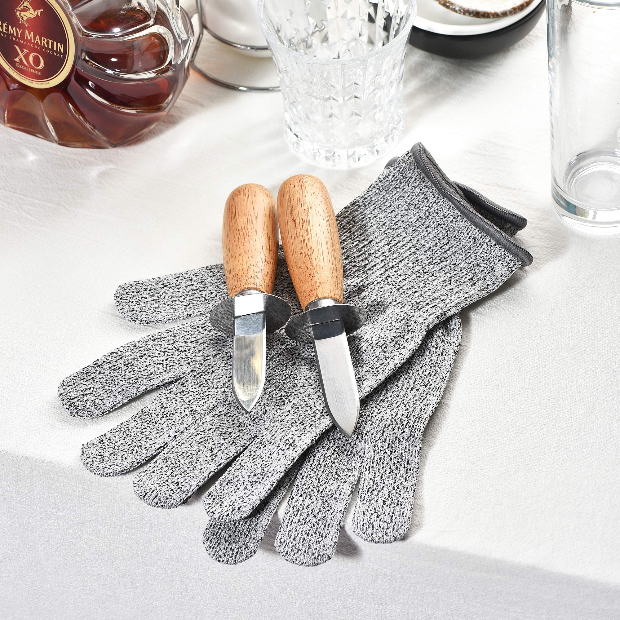 DOMG Oyster Knife Shucker Set, Wood Handle Oyster Shucking Knife and Cut-resistant Gloves, Clam Shellfish Seafood Opener Kit Tools(2 Knives+1 Pair Gloves M)