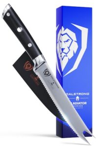 dalstrong tomato slicing knife - gladiator series elite - 5" - serrated utility - german high carbon steel - black handle - sheath included - nsf certified