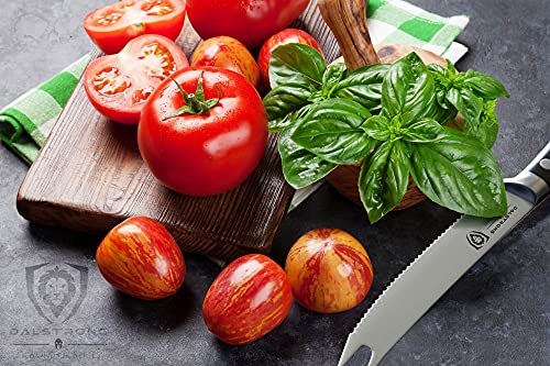 Dalstrong Tomato Slicing Knife - Gladiator Series Elite - 5" - Serrated Utility - German High Carbon Steel - Black Handle - Sheath Included - NSF Certified