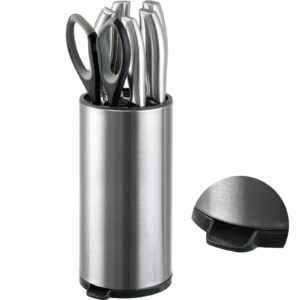 biarts universal knife block without knives stainless steel knife holder for kitchen counter with drainage hole, knife storage for countertop modern design, round, 4.6"l x 5"w x 9.4"h