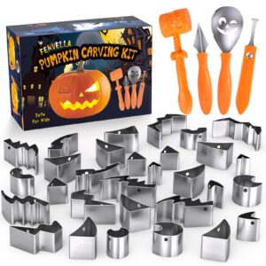 fenvella pumpkin carving kit for kids with hammer, 25 pcs pumpkin carving tools heavy duty stainless steel pumpkin carver set, halloween pumpkin carving stencils, safe carving tools kit for adults