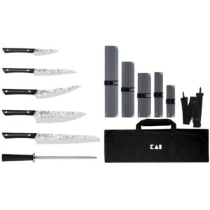 kai pro 7 piece culinary knife set, kitchen knife set with knife roll, includes 8" chef's knife, 3.5" paring knife, 6" utility knife, from the makers of shun