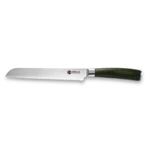 hexclad bread knife, 8-inch japanese damascus stainless steel blade full tang construction, pakkawood handle