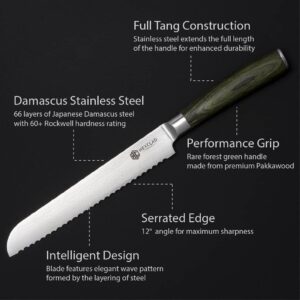 HexClad Bread Knife, 8-Inch Japanese Damascus Stainless Steel Blade Full Tang Construction, Pakkawood Handle