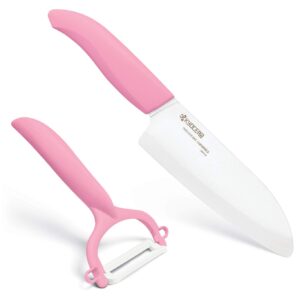 kyocera revolution series santoku knife and y peeler set, 5-1/2", pink