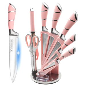 kitchen knife set, 9-pieces pink professional sharp chef knife set with acrylic stand, striped hollow handle knife block set with gift box for family lover friends