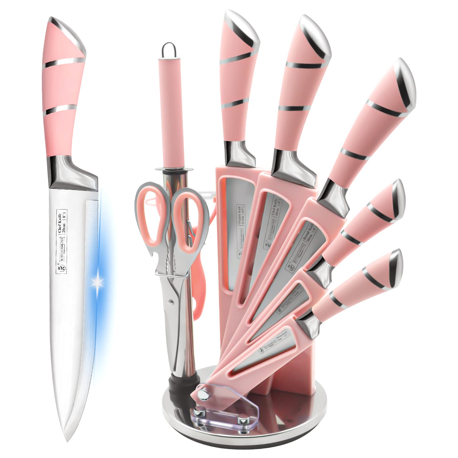 Kitchen Knife Set, 9-Pieces Pink Professional Sharp Chef Knife Set with Acrylic Stand, Striped Hollow Handle Knife Block Set with Gift Box for Family Lover Friends