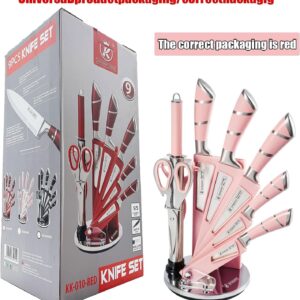 Kitchen Knife Set, 9-Pieces Pink Professional Sharp Chef Knife Set with Acrylic Stand, Striped Hollow Handle Knife Block Set with Gift Box for Family Lover Friends