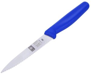 icel 9 inch paring knife, serrated edge, high carbon german stainless steel razor sharp blade, blue handle