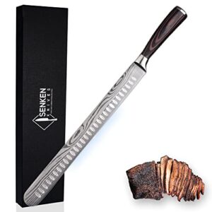 senken 12" brisket knife with engraved damascus pattern - ultra sharp slicing carving knife for brisket, meat, roasts, and large fruit - high carbon stainless steel with smoothly finished wood handle