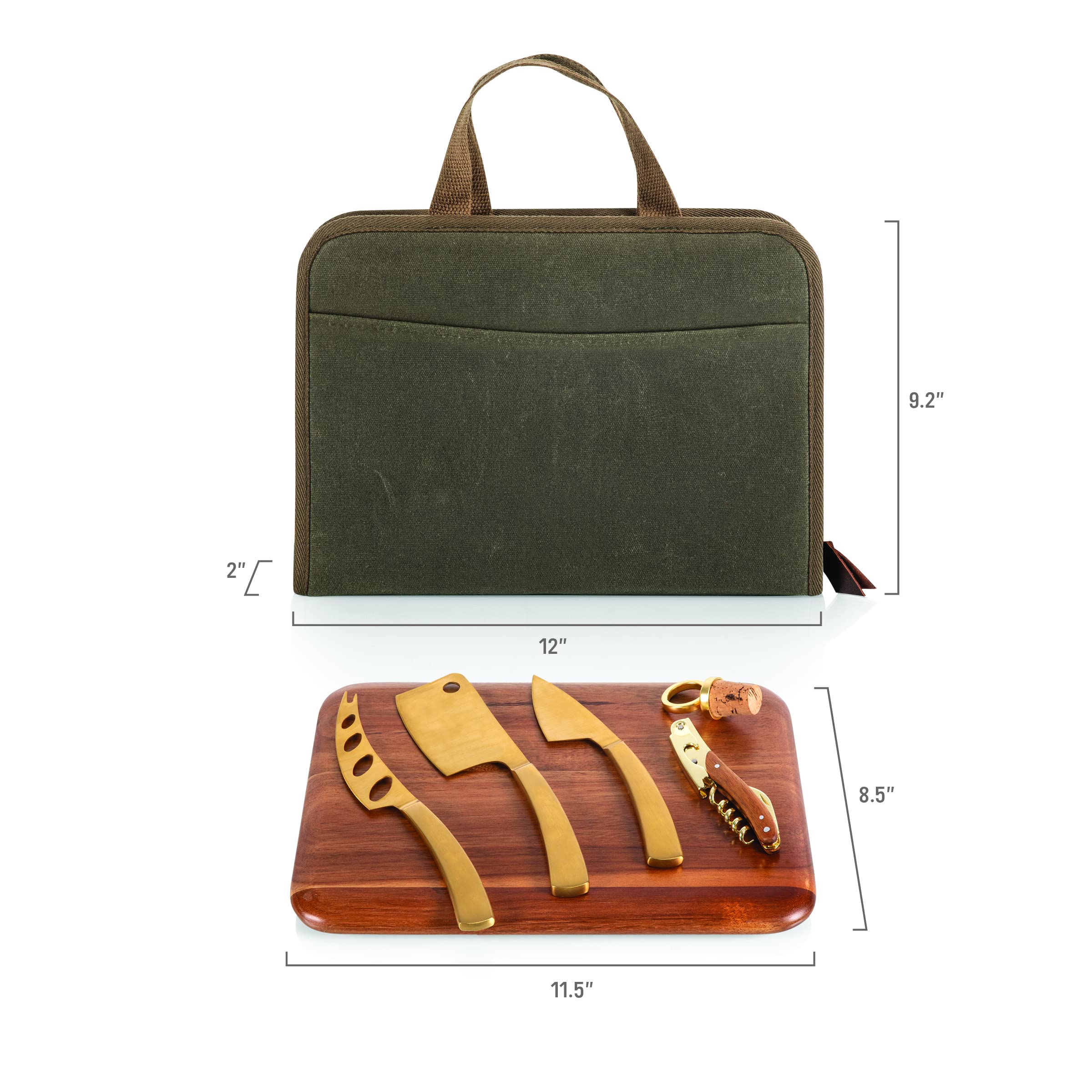 LEGACY - A Picnic Time Brand Monterey Travel Set-Distressed Waxed Canvas Bag with Cheese Knifes and Cutting Board, Khaki Green