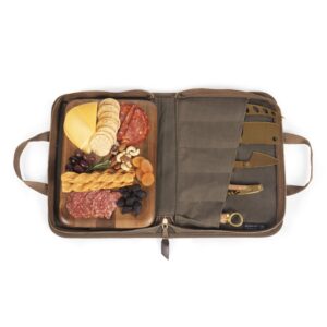 LEGACY - A Picnic Time Brand Monterey Travel Set-Distressed Waxed Canvas Bag with Cheese Knifes and Cutting Board, Khaki Green