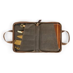 LEGACY - A Picnic Time Brand Monterey Travel Set-Distressed Waxed Canvas Bag with Cheese Knifes and Cutting Board, Khaki Green