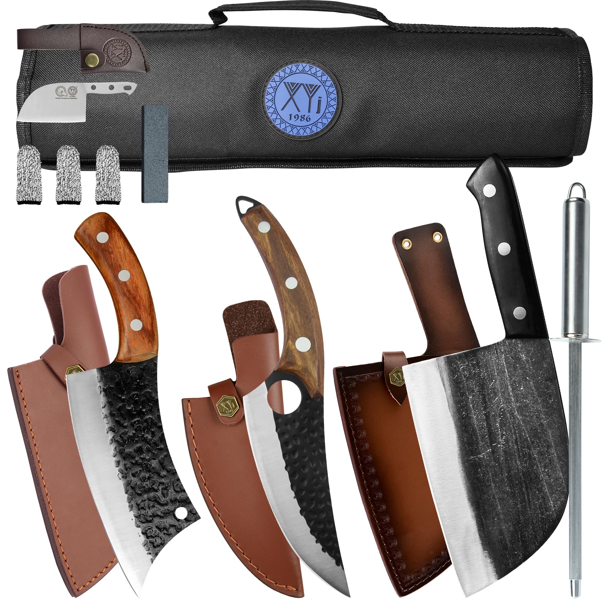 XYJ FULL TANG 6.7 Inch Forging Butcher Knife 6.2 Inch Camping Kitchen Knives 6 Inch Outdoor Boning Knife With Carry Sheath&Chef Knives Bag&Cutlery Gadget Set (Brown)