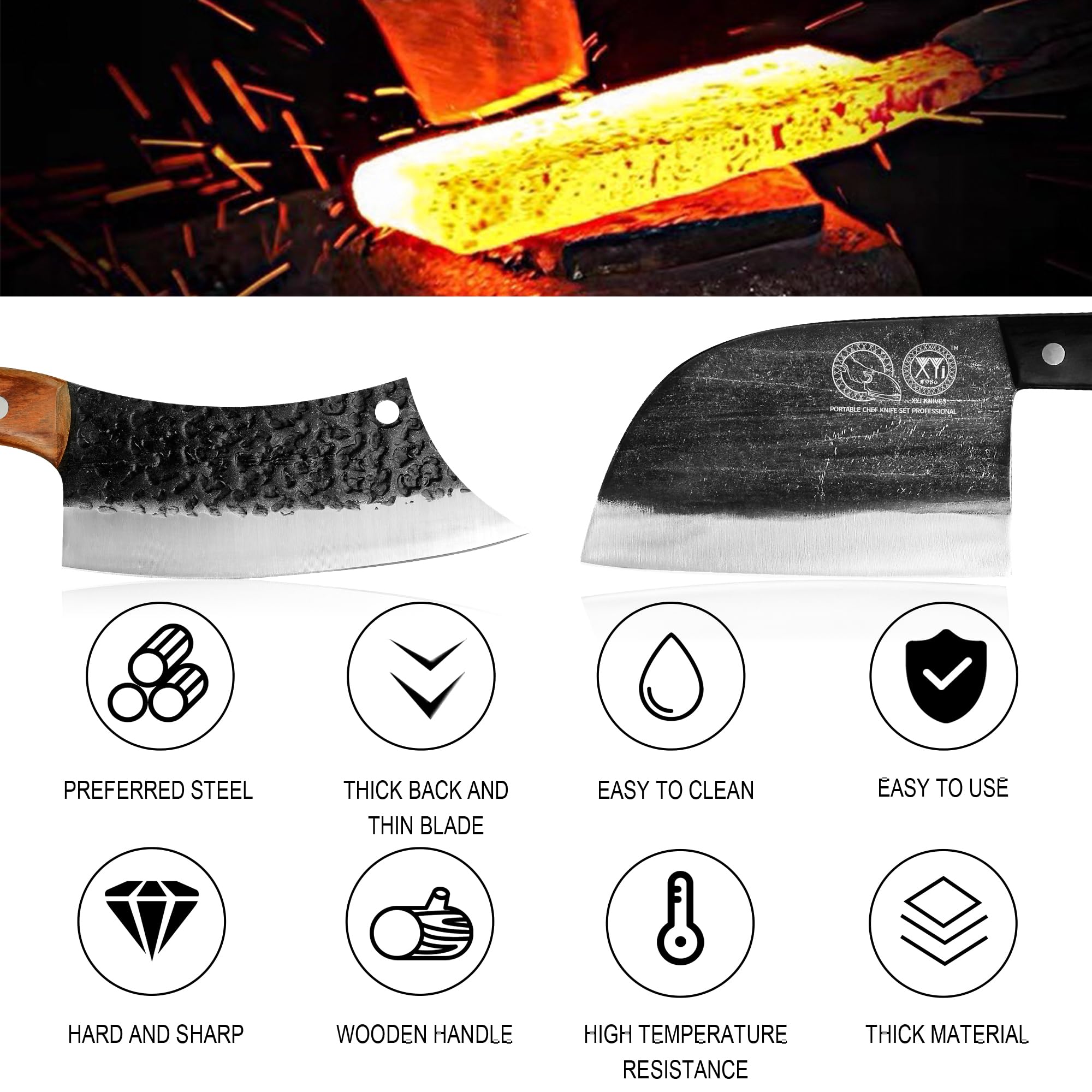 XYJ FULL TANG 6.7 Inch Forging Butcher Knife 6.2 Inch Camping Kitchen Knives 6 Inch Outdoor Boning Knife With Carry Sheath&Chef Knives Bag&Cutlery Gadget Set (Brown)