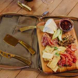 LEGACY - A Picnic Time Brand Monterey Travel Set-Distressed Waxed Canvas Bag with Cheese Knifes and Cutting Board, Khaki Green