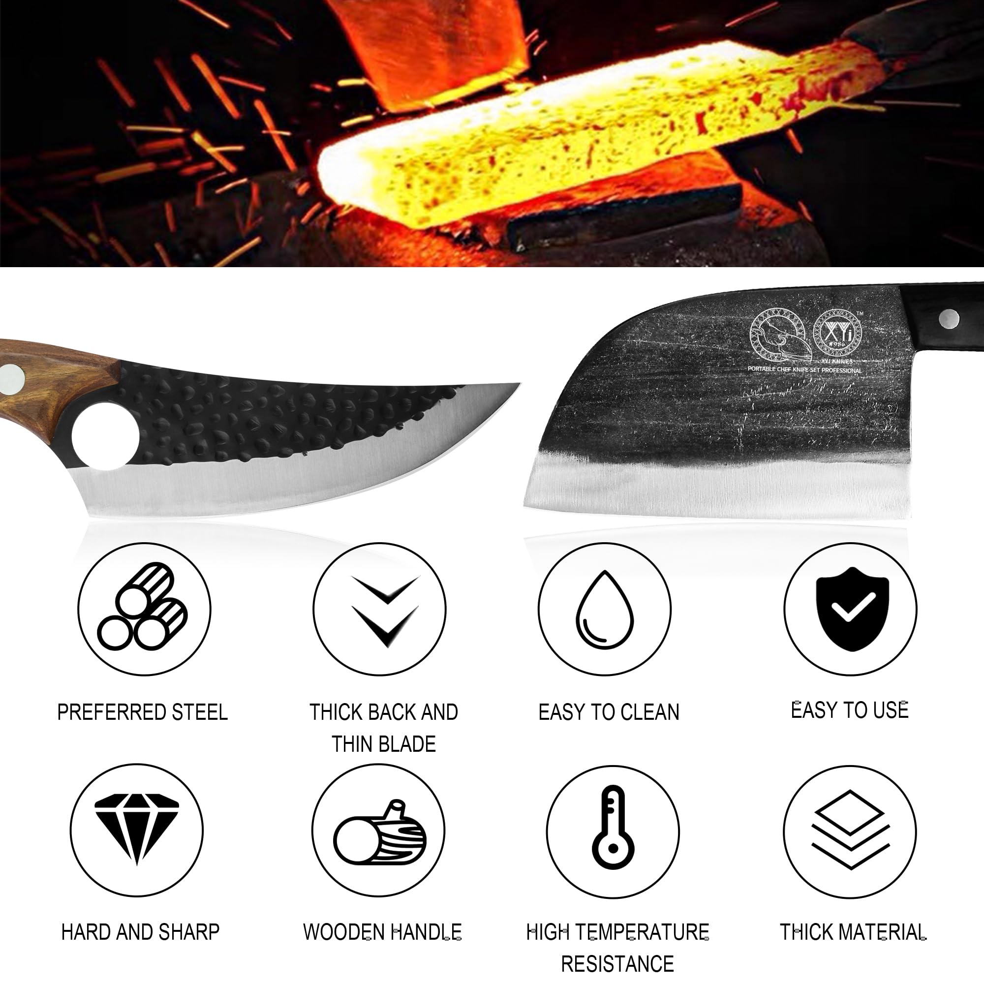 XYJ FULL TANG 6.7 Inch Forging Butcher Knife 6.2 Inch Camping Kitchen Knives 6 Inch Outdoor Boning Knife With Carry Sheath&Chef Knives Bag&Cutlery Gadget Set (Brown)